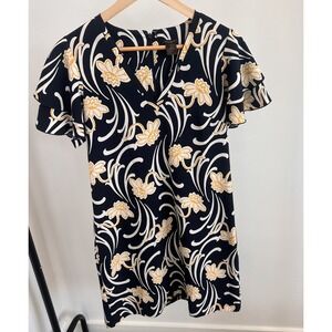 Ann Taylor Factory Midi Aline Dress Ruffles V Neck Floral Flower Navy Sz 0